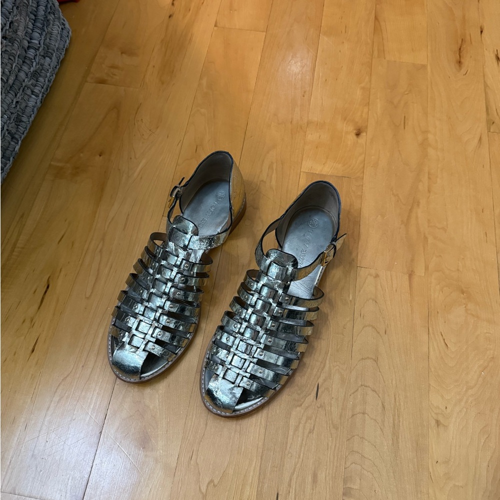Tory Burch Metallic Silver Strappy Sandals